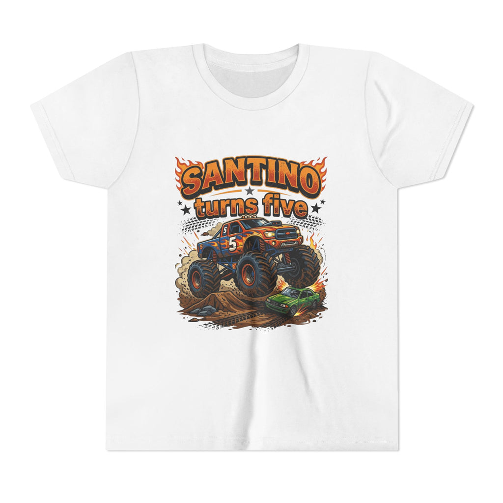 Monster Truck Birthday Tee – “Santino Turns Five” Youth Short Sleeve Shirt